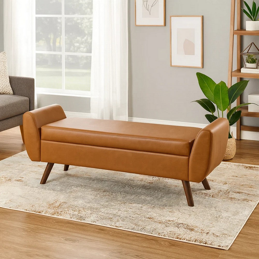 Rae Storage Bench Ottoman with Arms | Brown Faux Leather | Wood | 60"