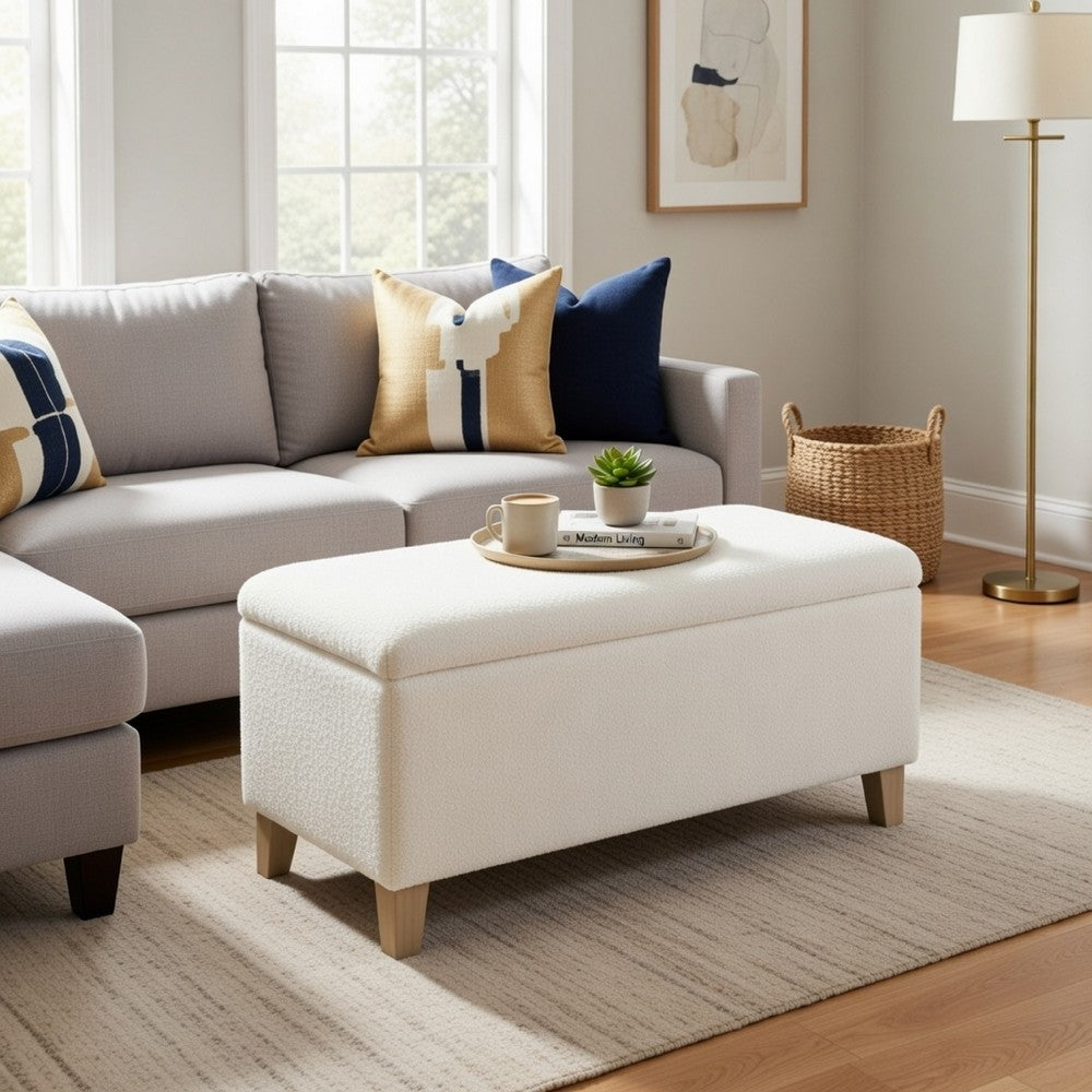 Liv Storage Bench Ottoman | Cream Sherpa | Natural Brown Wood | 42"
