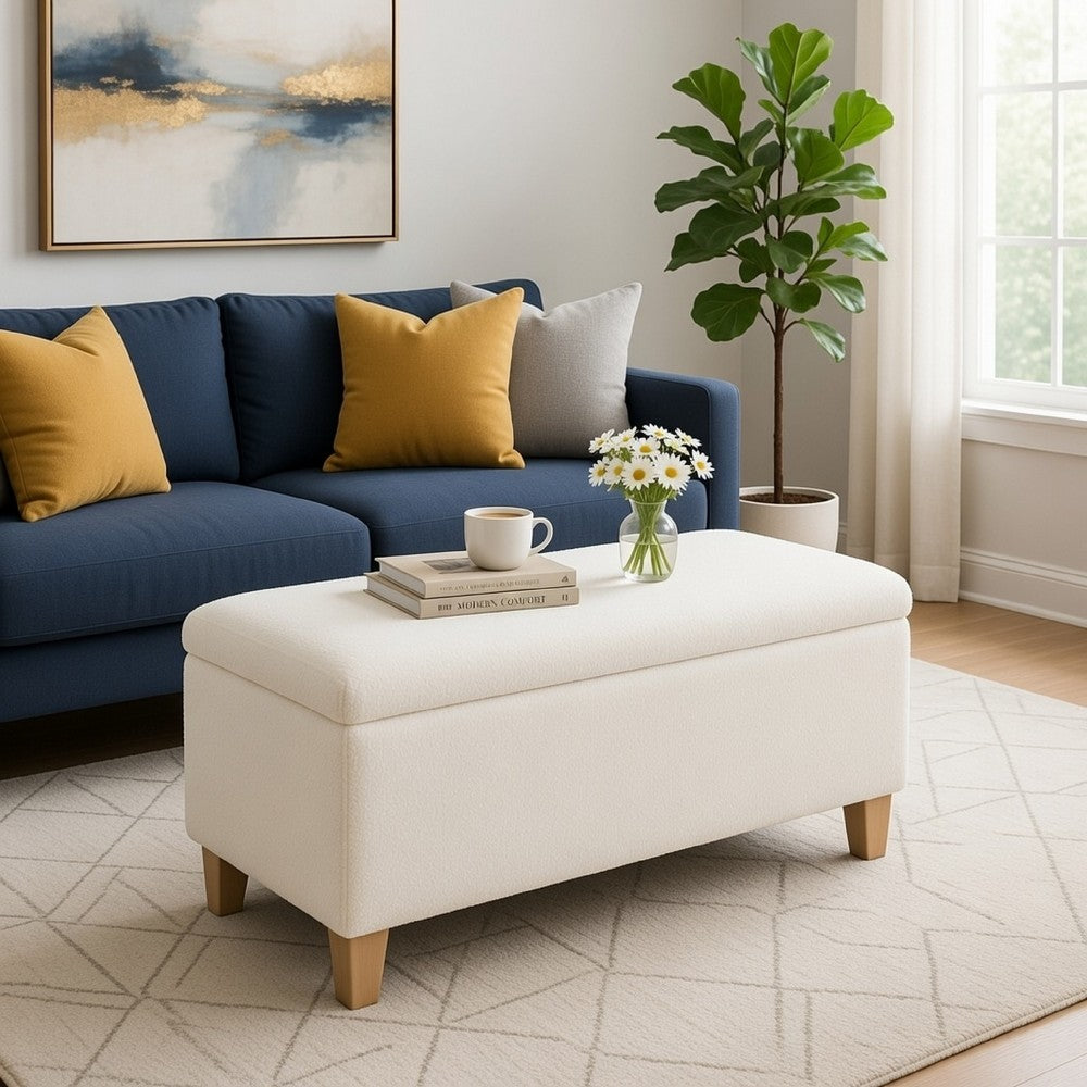 Liv Storage Bench Ottoman | Cream Sherpa | Natural Brown Wood | 42"