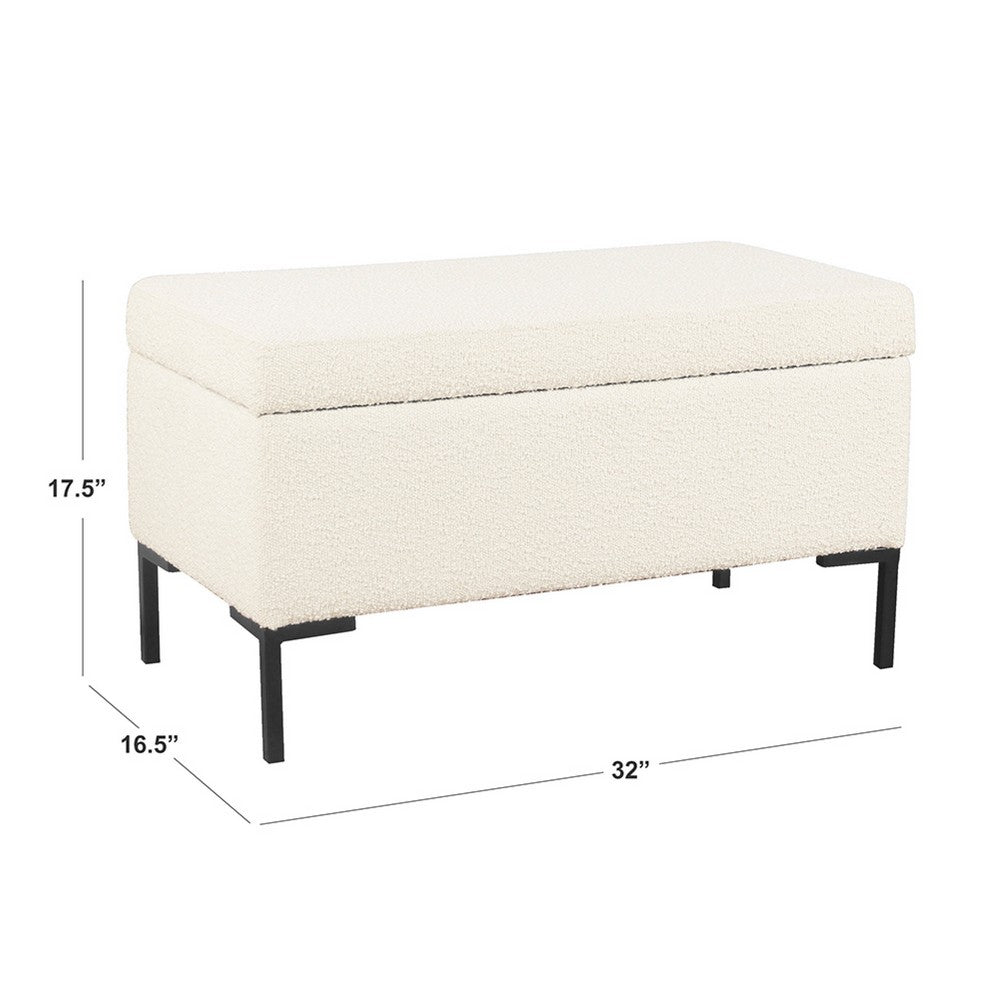 Ray Storage Bench Ottoman | Cream White Boucle | Metal Legs | 32"