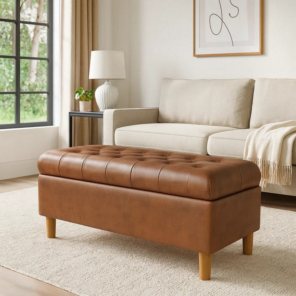 Sol Storage Bench Ottoman | Brown Faux Leather and Hardwood | 36"