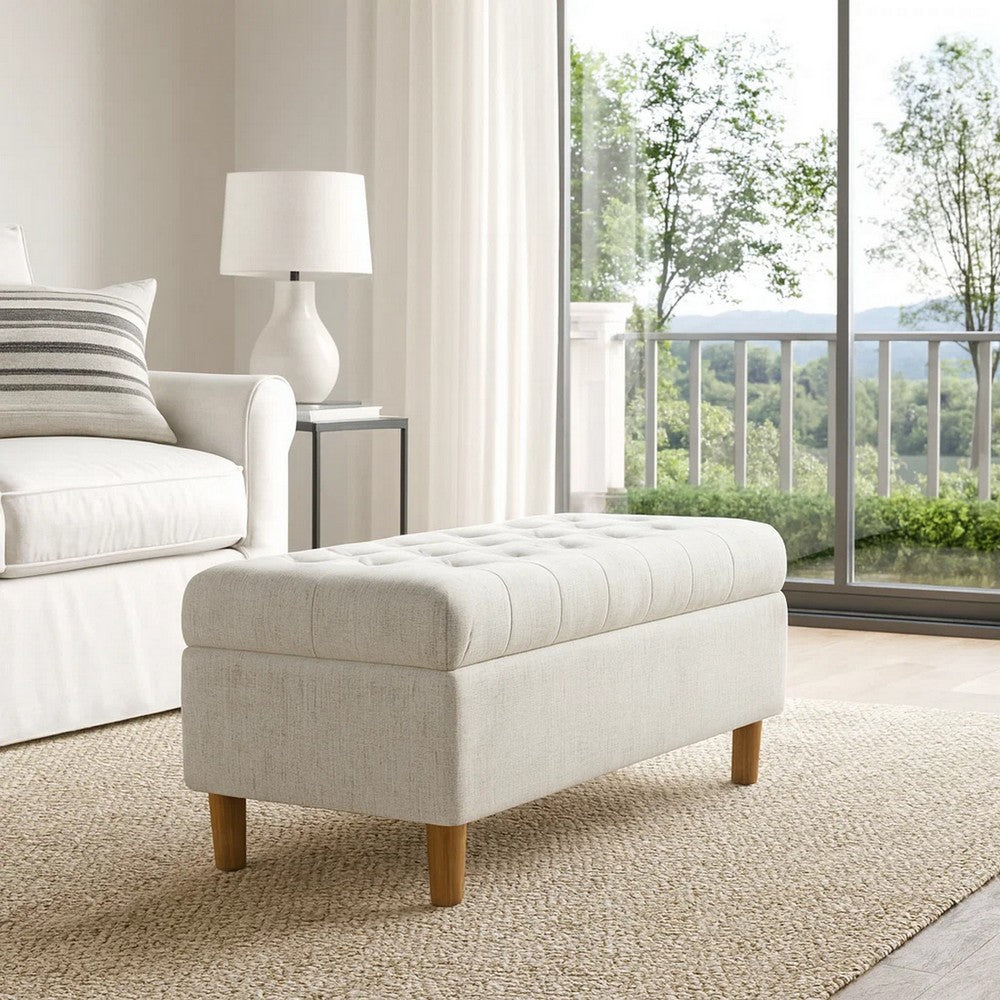 Sol Storage Bench Ottoman | Cream Woven Fabric | Brown Wood | 40"