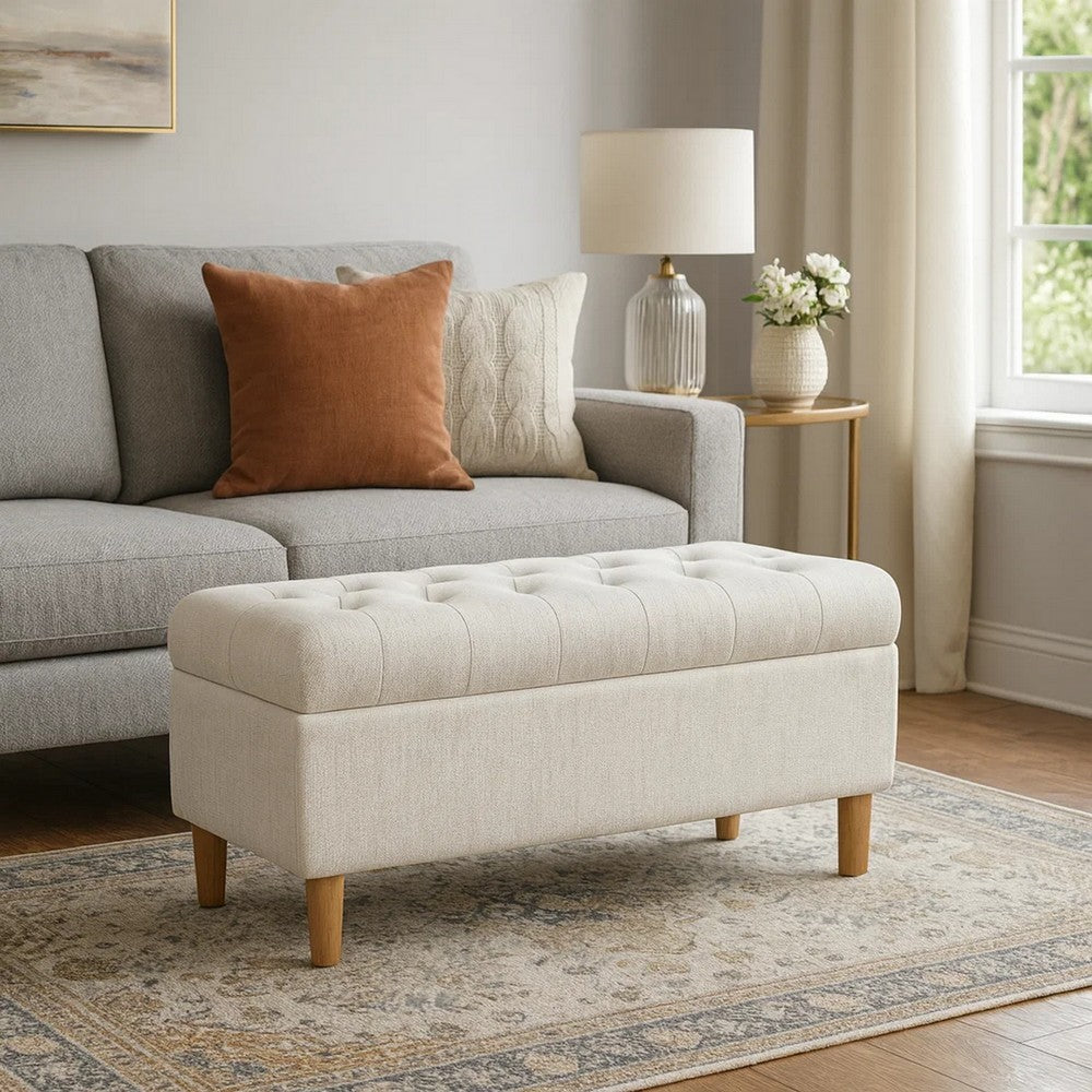 Sol Storage Bench Ottoman | Cream Woven Fabric | Brown Wood | 40"