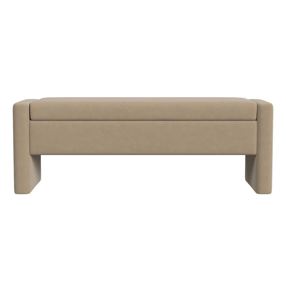 Kim Storage Bench Ottoman | Tan Brown Velvet and Solid Wood | 50’’