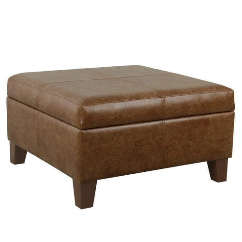 Leo Square Storage Ottoman | Distressed Brown Faux Leather | 28"