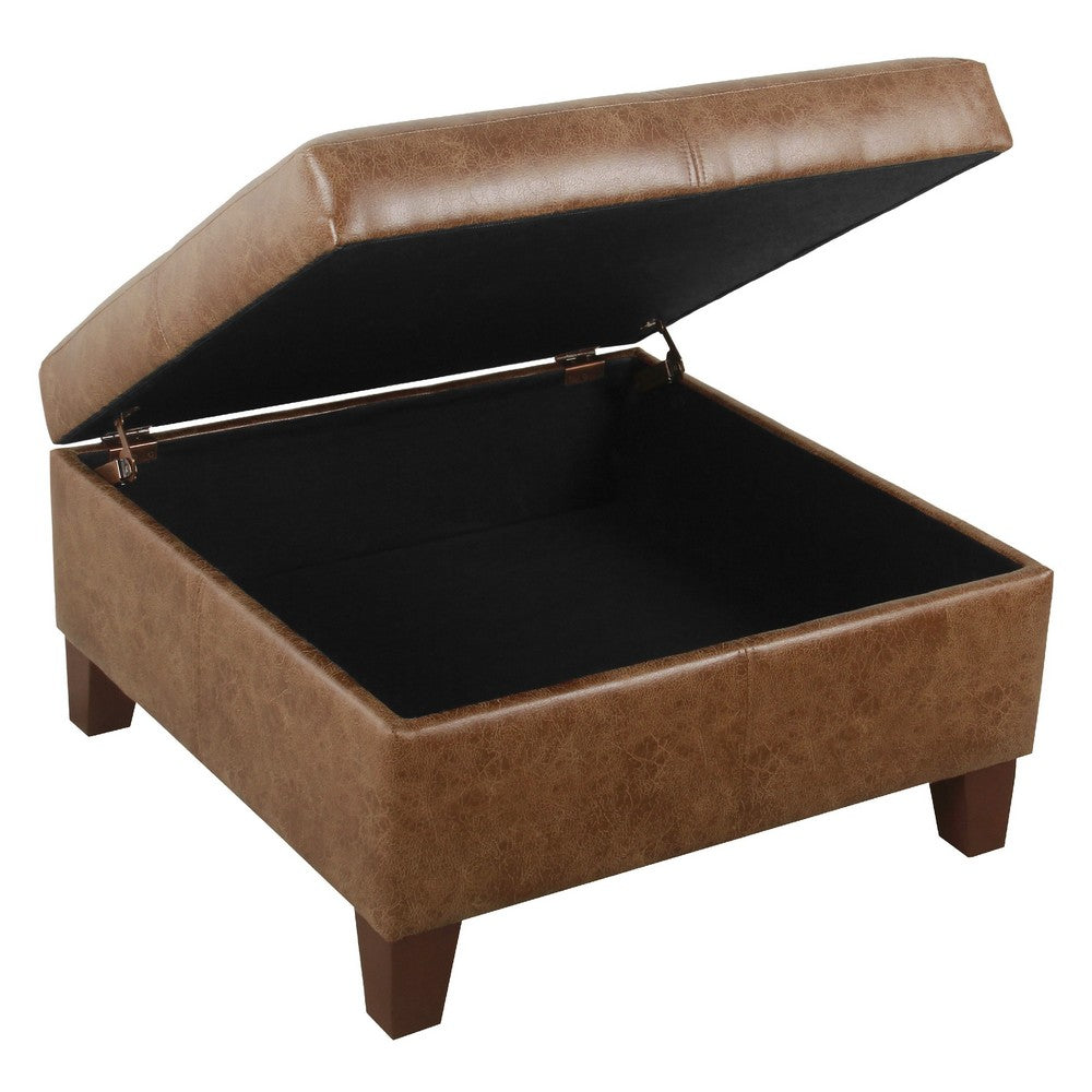 Leo Square Storage Ottoman | Distressed Brown Faux Leather | 28"