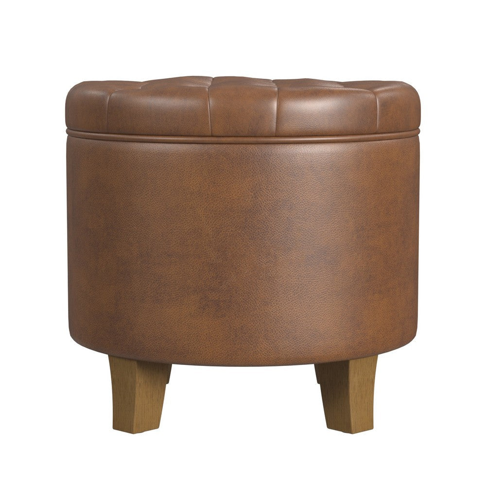 Wes Round Storage Ottoman | Brown Faux Leather | Hardwood | 19’’ BM334228