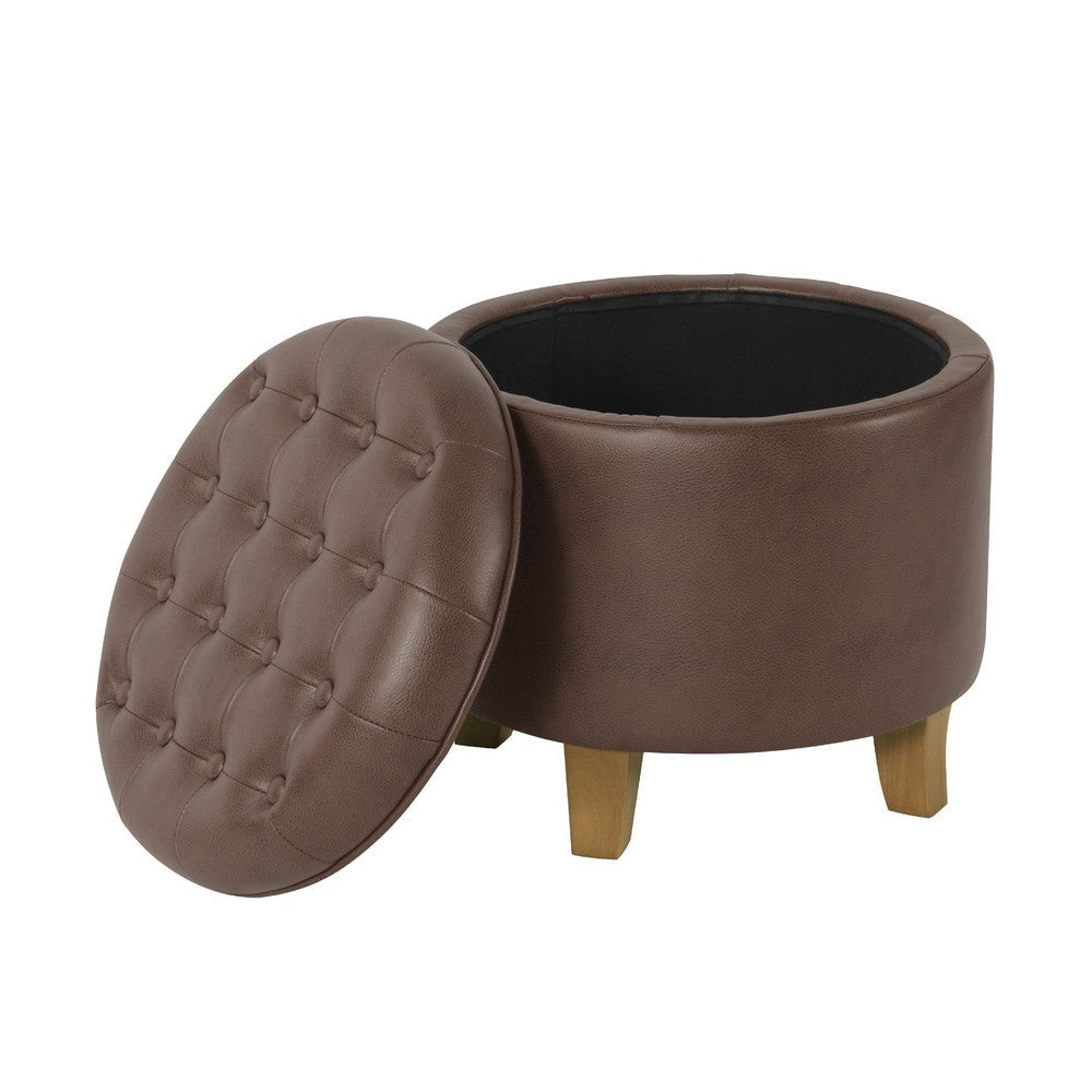 Wes Round Storage Ottoman | Brown Faux Leather | Hardwood | 19’’ BM334228