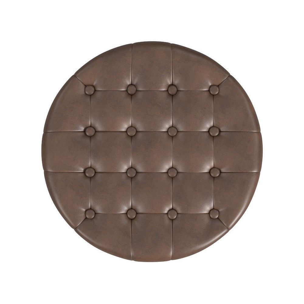 Wes Round Storage Ottoman | Brown Faux Leather | Hardwood | 19’’ BM334228