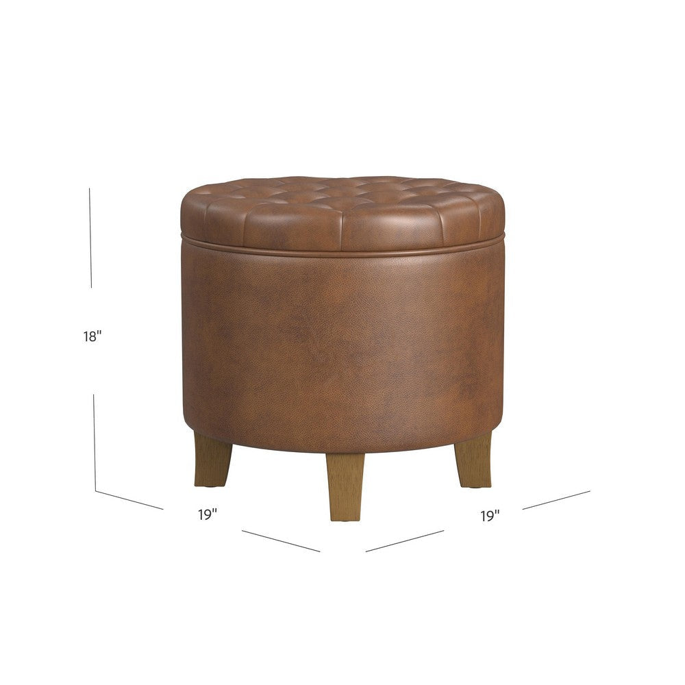 Wes Round Storage Ottoman | Brown Faux Leather | Hardwood | 19’’ BM334228