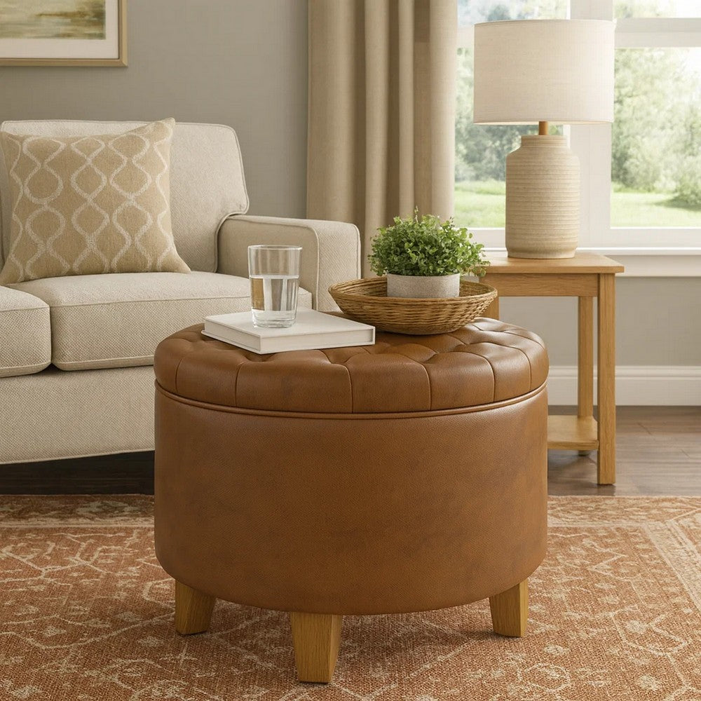 Wes Round Storage Ottoman | Brown Faux Leather | Hardwood | 19"