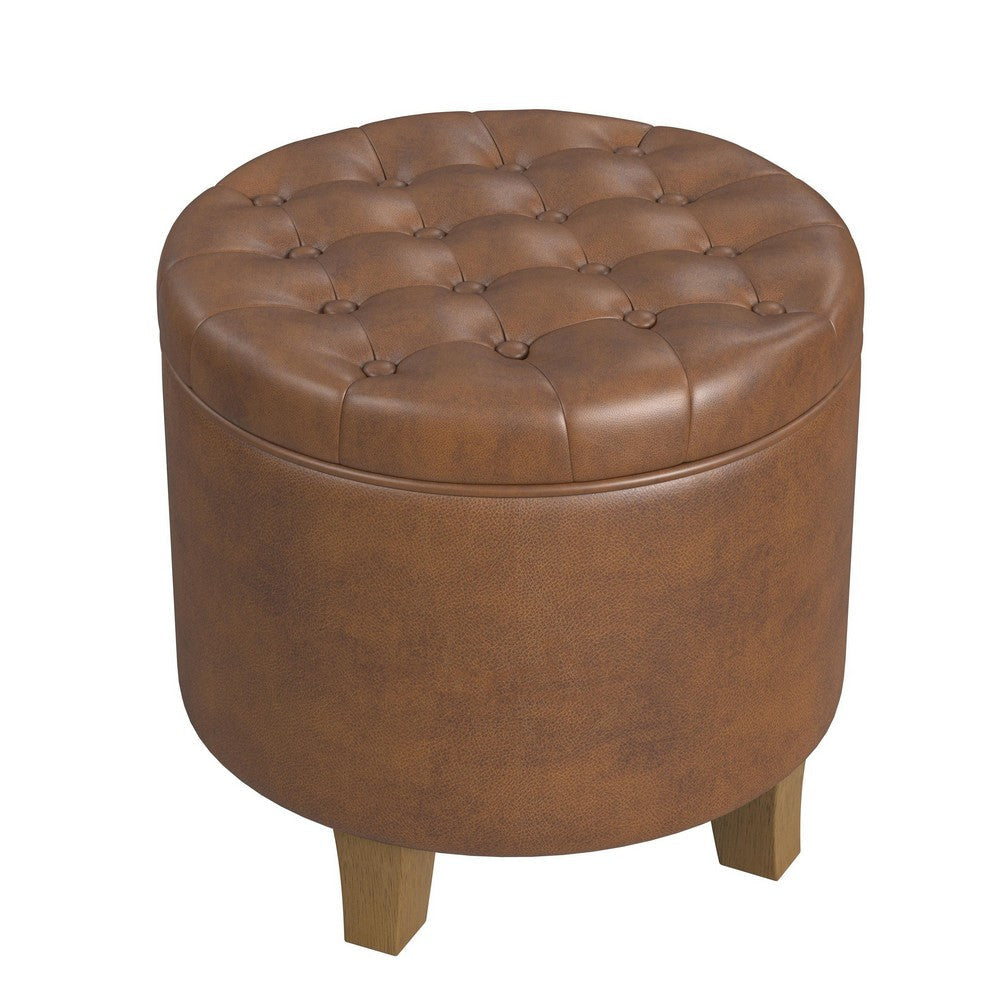 Wes Round Storage Ottoman | Brown Faux Leather | Hardwood | 19"