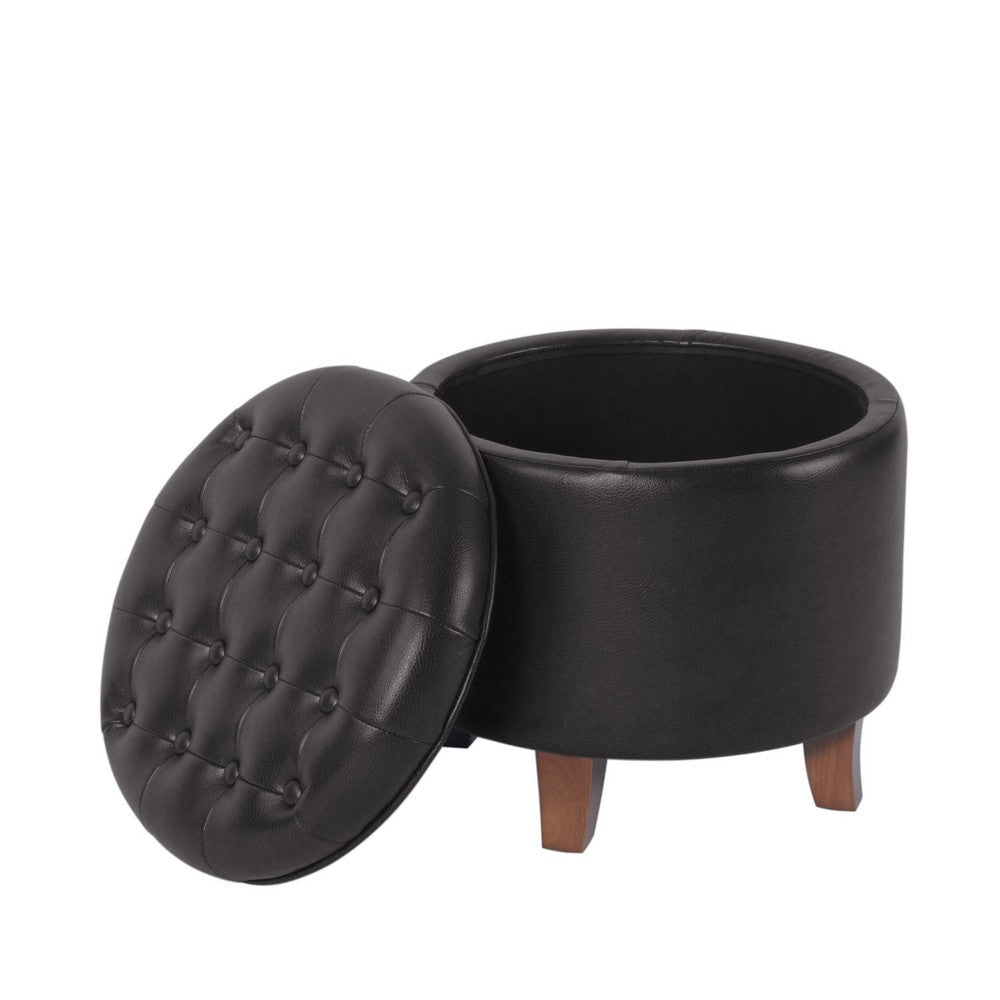 Wes Round Storage Ottoman | Black Faux Leather | Hardwood | 19’’ BM334229