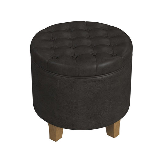 Wes Round Storage Ottoman | Black Faux Leather | Hardwood | 19"