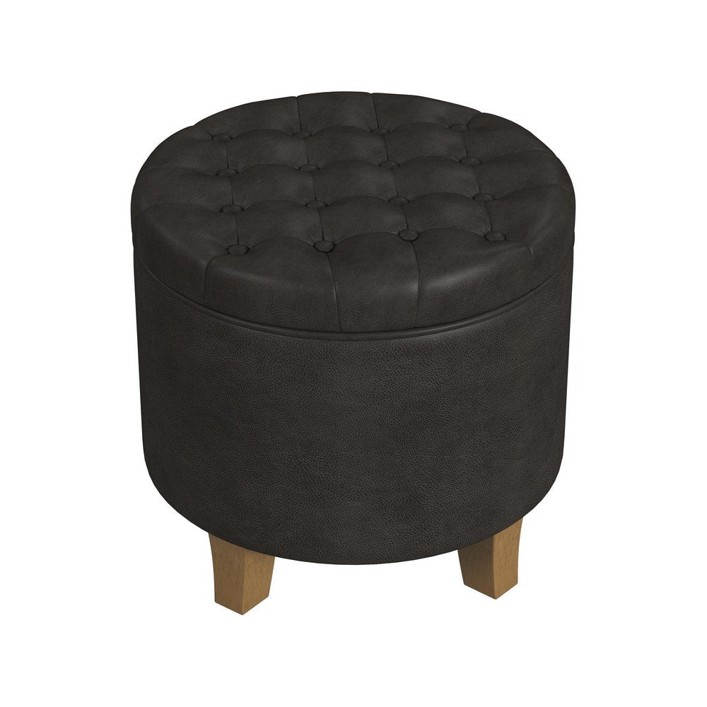 Wes Round Storage Ottoman | Black Faux Leather | Hardwood | 19"