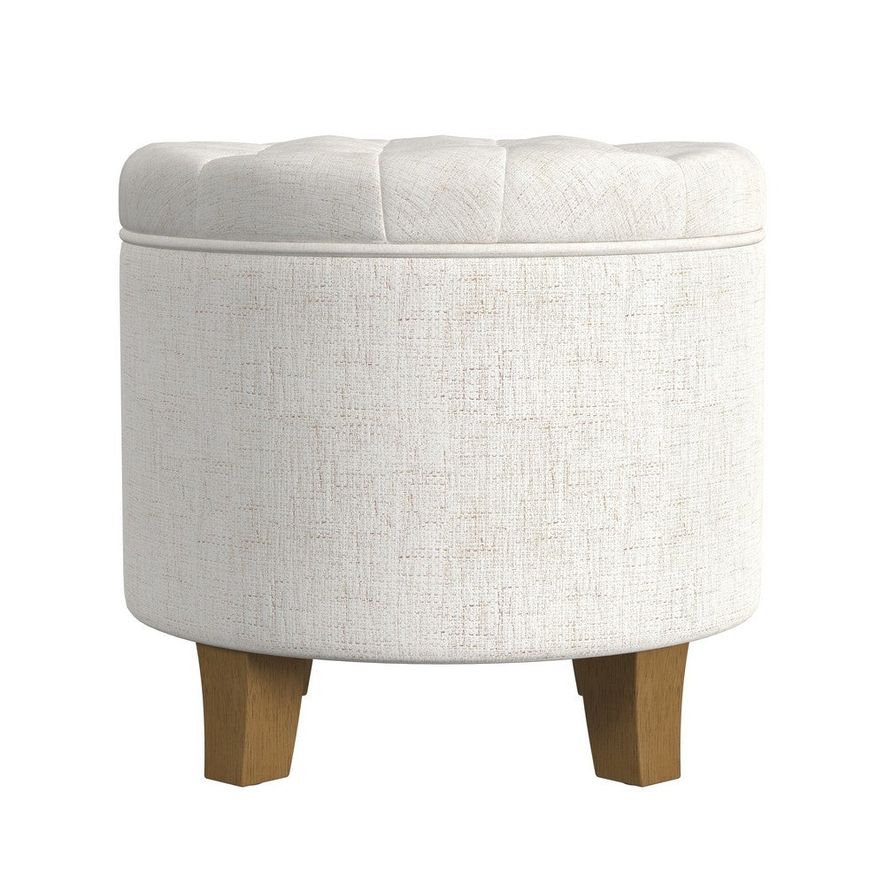 Wes Round Storage Ottoman | Cream Woven Fabric | Hardwood | 19"