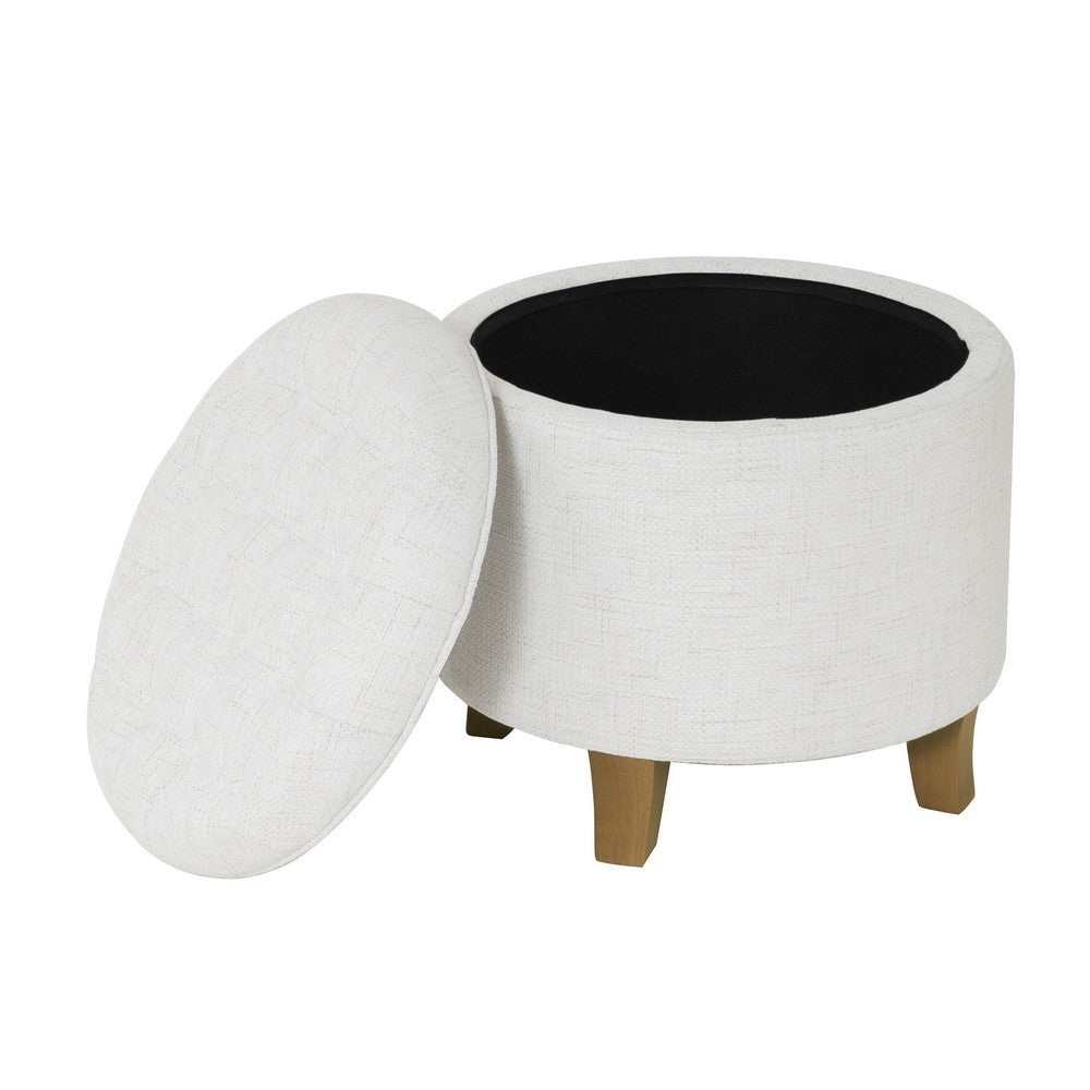 Wes Round Storage Ottoman | Cream Woven Fabric | Hardwood | 19"