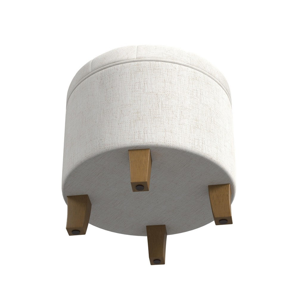 Wes Round Storage Ottoman | Cream Woven Fabric | Hardwood | 19"