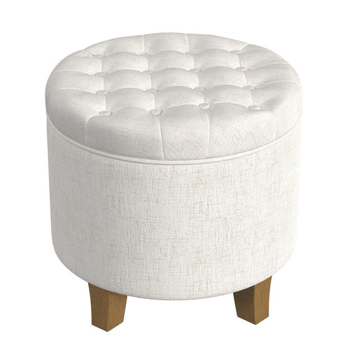 Wes Round Storage Ottoman | Cream Woven Fabric | Hardwood | 19"