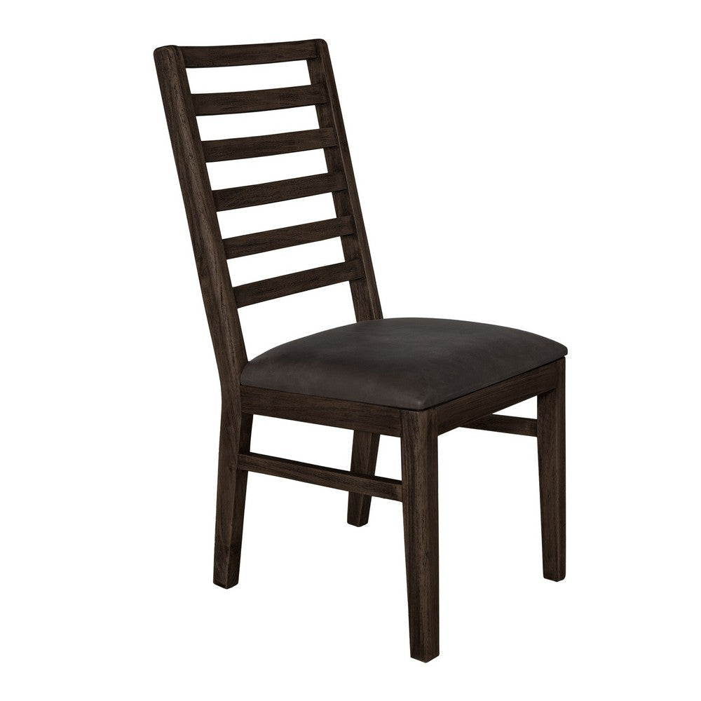 Eray Dining Side Chair Set of 2, Ladderback, Teak, Black Faux Leather
