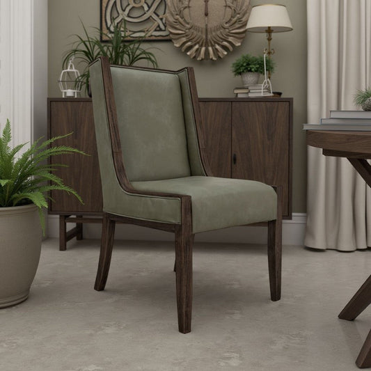 Eray Dining Side Chair Set of 2, Solid Wood, Olive Green Faux Leather