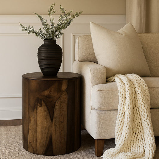 Eray Chairside End Table | Drum Design | Teak Black Mango Wood 18"