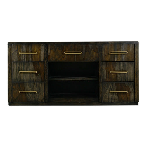 Eray TV Stand Media Console, 7 Drawers, Black Teak Wood 46 Inch