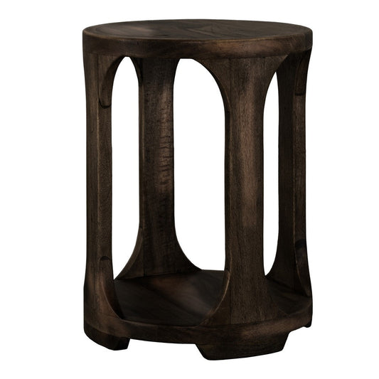 Eray Chairside Table with Shelf | Round Open Frame | Black Teak 18"