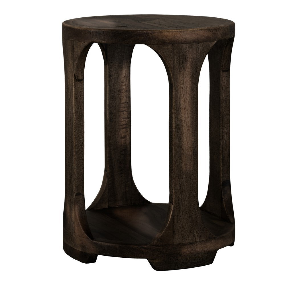 Eray Chairside Table with Shelf | Round Open Frame | Black Teak 18"