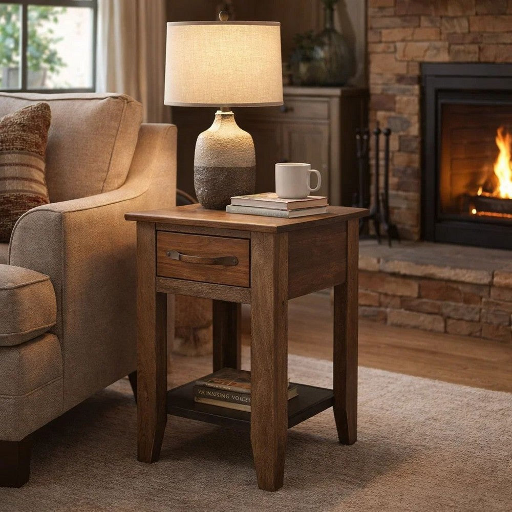 Tacey Chairside Table | 1 Drawer | 1 Shelf | Peanut Brown Wood | 18"