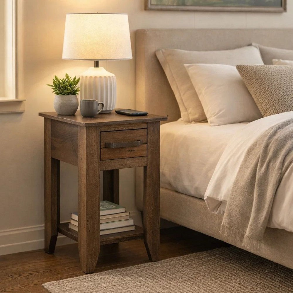 Tacey Chairside Table | 1 Drawer | 1 Shelf | Peanut Brown Wood | 18"