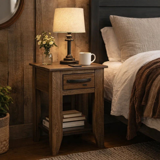 Tacey Chairside Table | 1 Drawer | 1 Shelf | Peanut Brown Wood | 18"