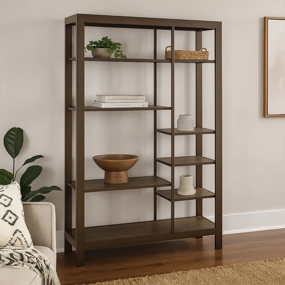 Loe Bookcase | 7 Shelves | Industrial Brown Wood Shelves | Metal 45"
