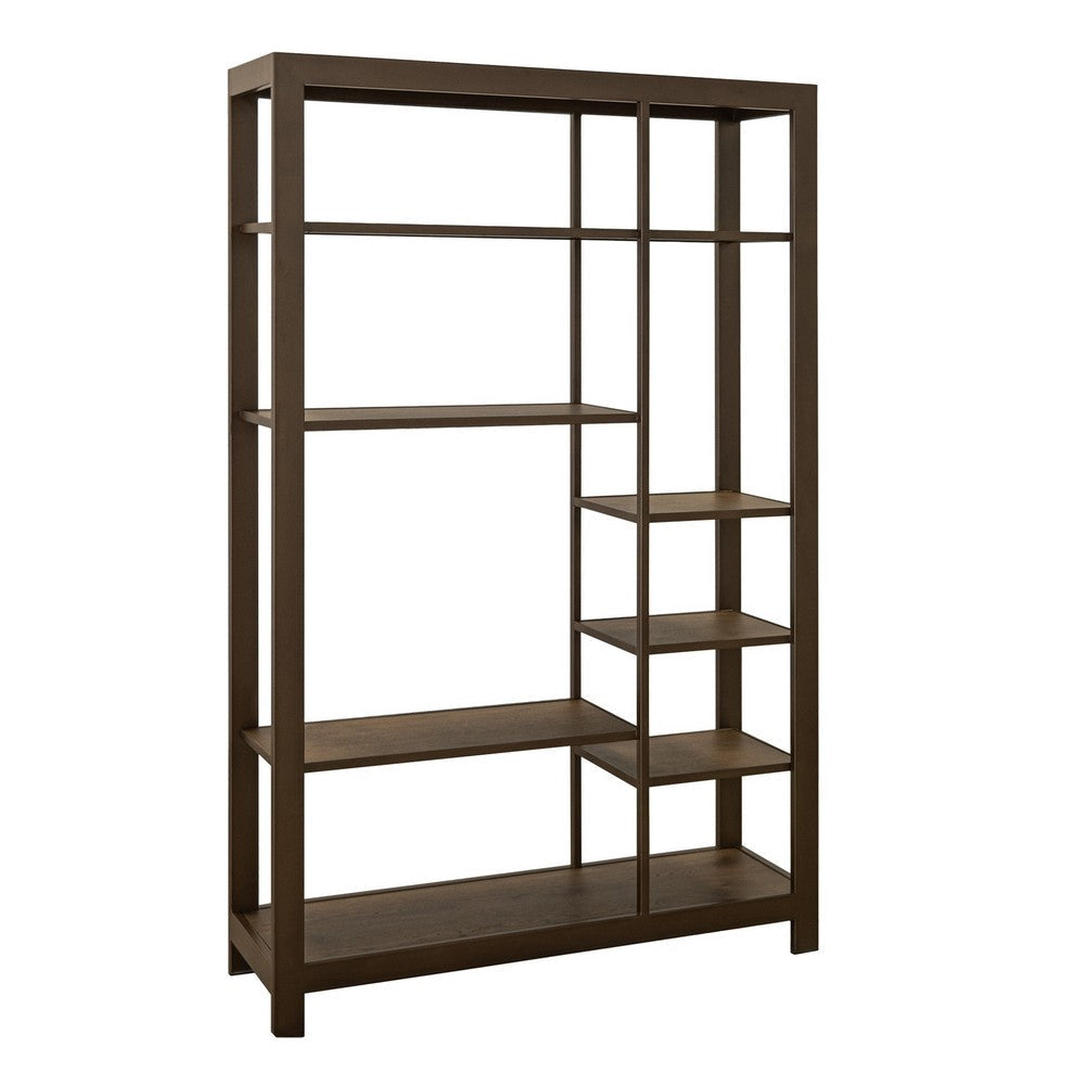 Loe Bookcase | 7 Shelves | Industrial Brown Wood Shelves | Metal 45"