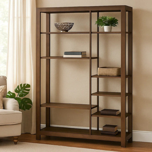 Loe Bookcase | 7 Shelves | Industrial Brown Wood Shelves | Metal 45"