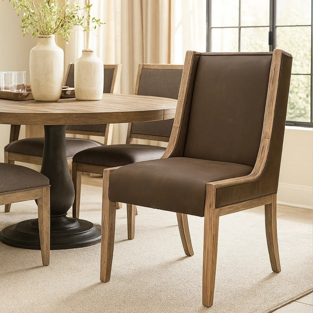 Eray Dining Chair Set of 2, Light Brown Melina Wood, Dark Polyester