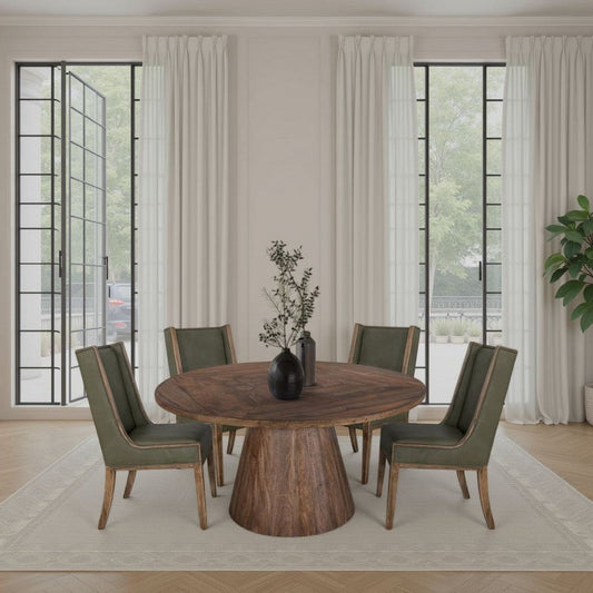 Eray Dining Chair Set of 2, Light Brown Wood, Olive Green Polyester