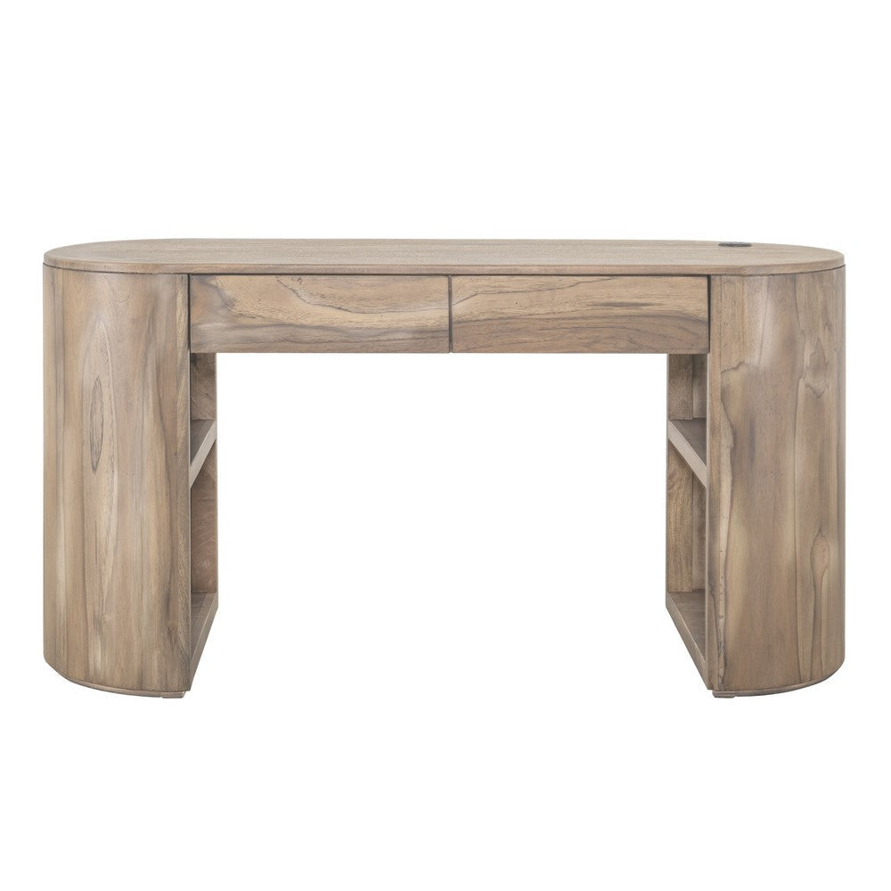 Eray Writing Desk | USB Port | Light Brown Teak Mango Wood 60’’
