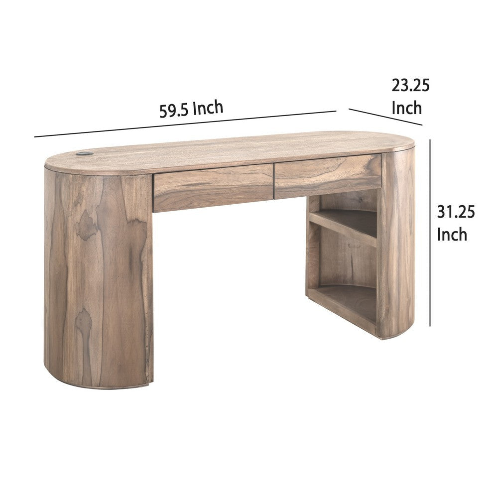 Eray Writing Desk | USB Port | Light Brown Teak Mango Wood 60’’