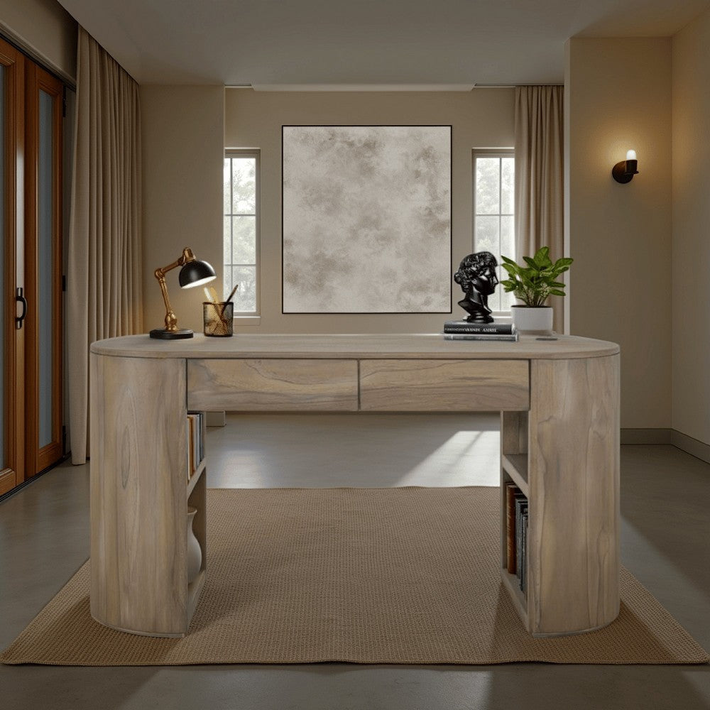 Eray Writing Desk | USB Port | Light Brown Teak, Mango Wood, 60"