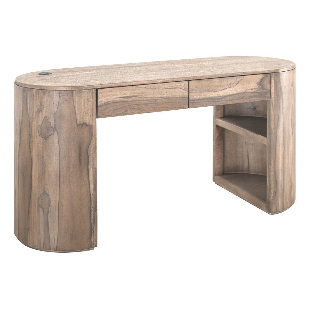 Eray Writing Desk | USB Port | Light Brown Teak, Mango Wood, 60"