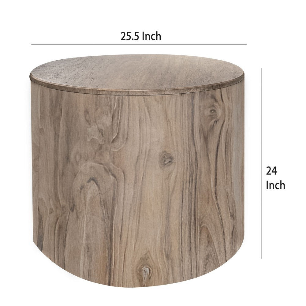 Eray Side End Table | Drum Shape Light Brown Teak Mango Wood 24’’ BM334312