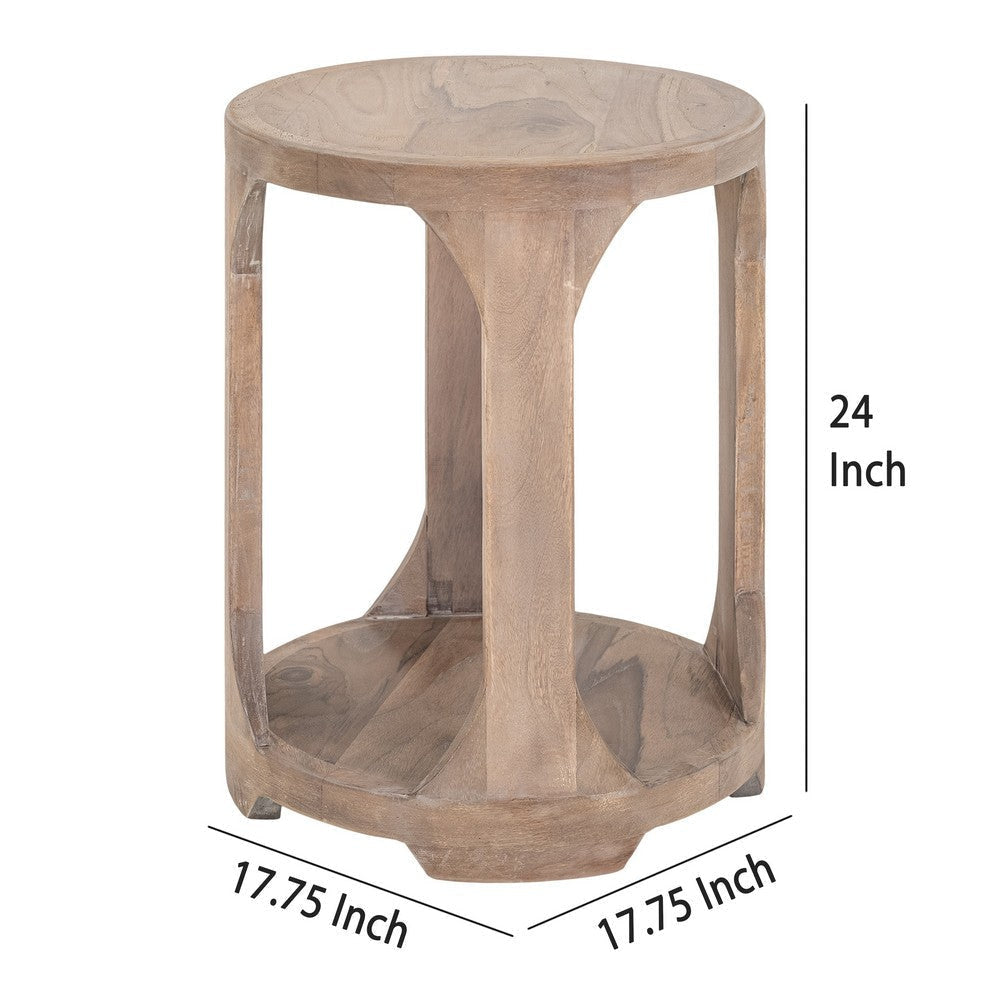 Eray 18’’ Round Side Table with Shelf Light Brown Teak Mango Wood