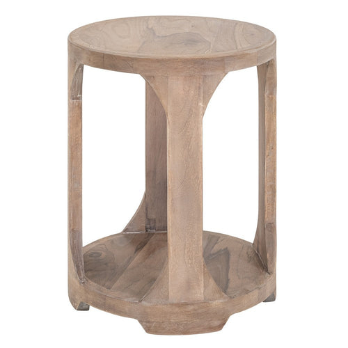 Eray 18" Round Side Table with Shelf, Light Brown Teak, Mango Wood