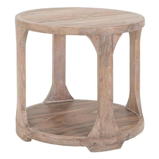 Eray Side End Table, Bottom Shelf 26 Inch Round Open Frame, Brown Teak