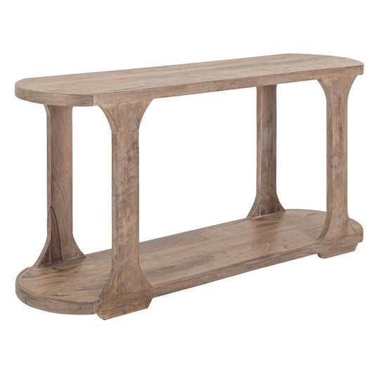 Eray 59" Sofa Console Table with Shelf, Oblong Frame, Brown Teak Wood