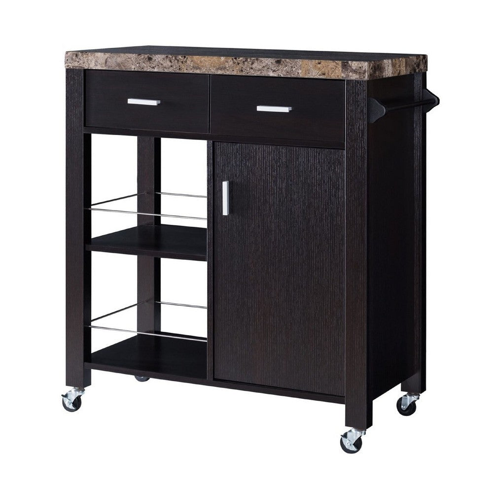 36 Inch Rolling Kitchen Bar Cart Island w Drawers Shelves Brown Wood BM334330