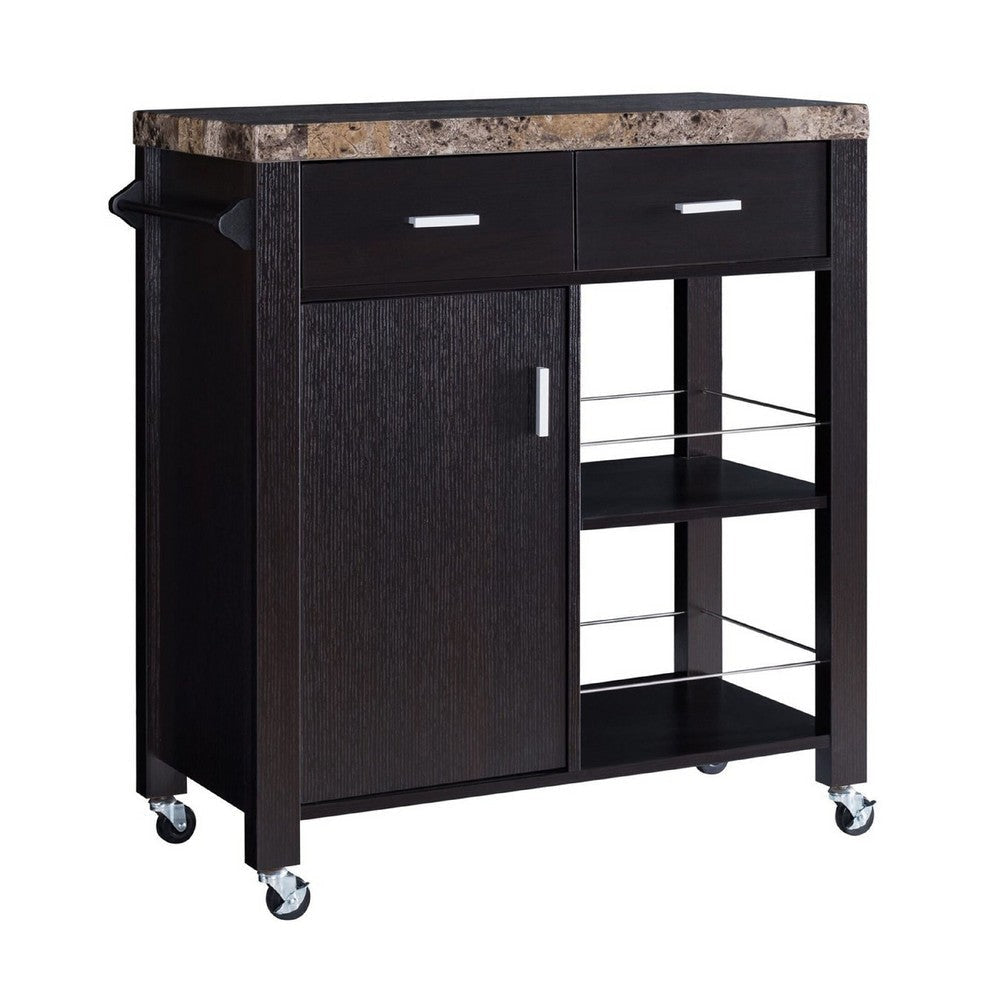 36 Inch Rolling Kitchen Bar Cart Island w Drawers, Shelves, Brown Wood