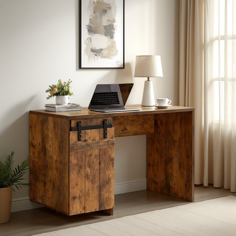 Fior Home Writing Desk | 47" | Distressed Brown Wood | Faux Barn Door