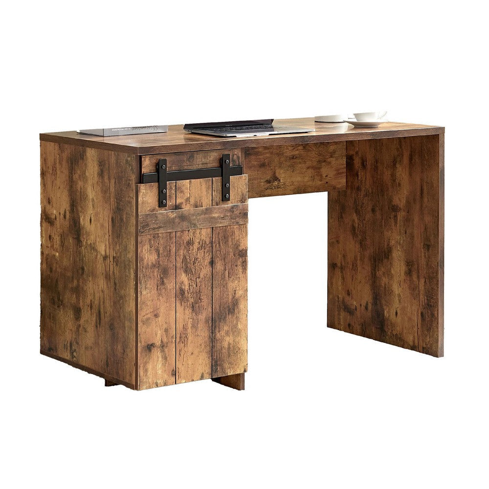 Fior Home Writing Desk | 47" | Distressed Brown Wood | Faux Barn Door